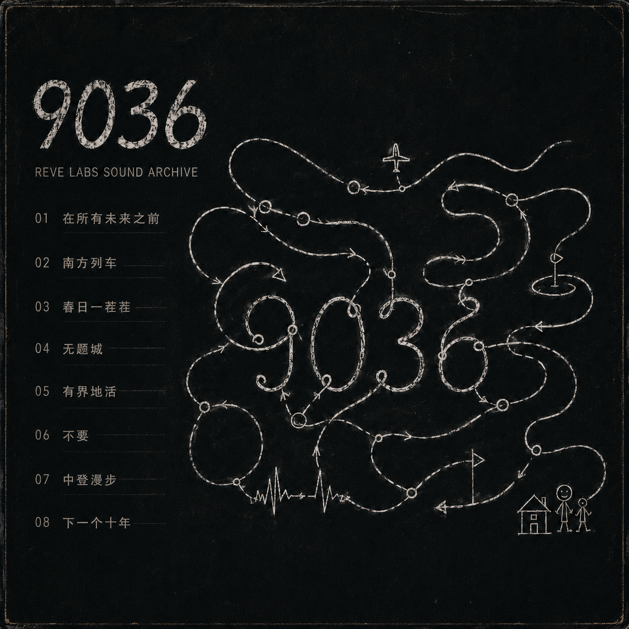 9036 专辑封面：黑色档案纸上的手绘人生路线与八首歌名