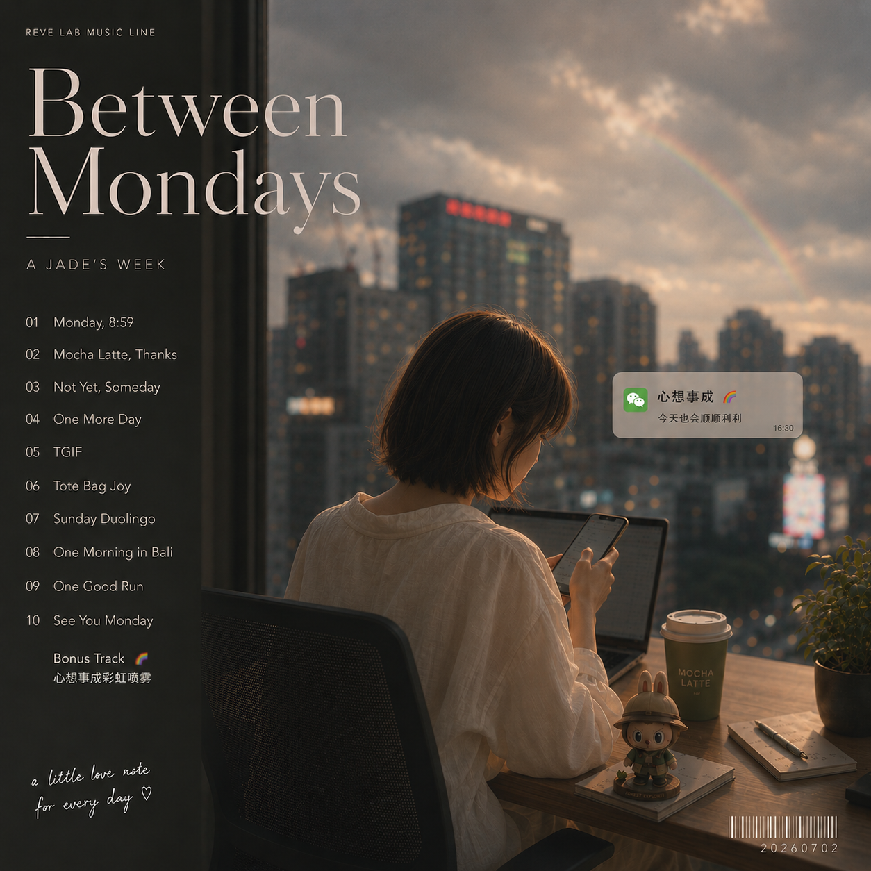 Between Mondays 专辑封面：办公室窗边、手机消息与雨后彩虹的城市下午